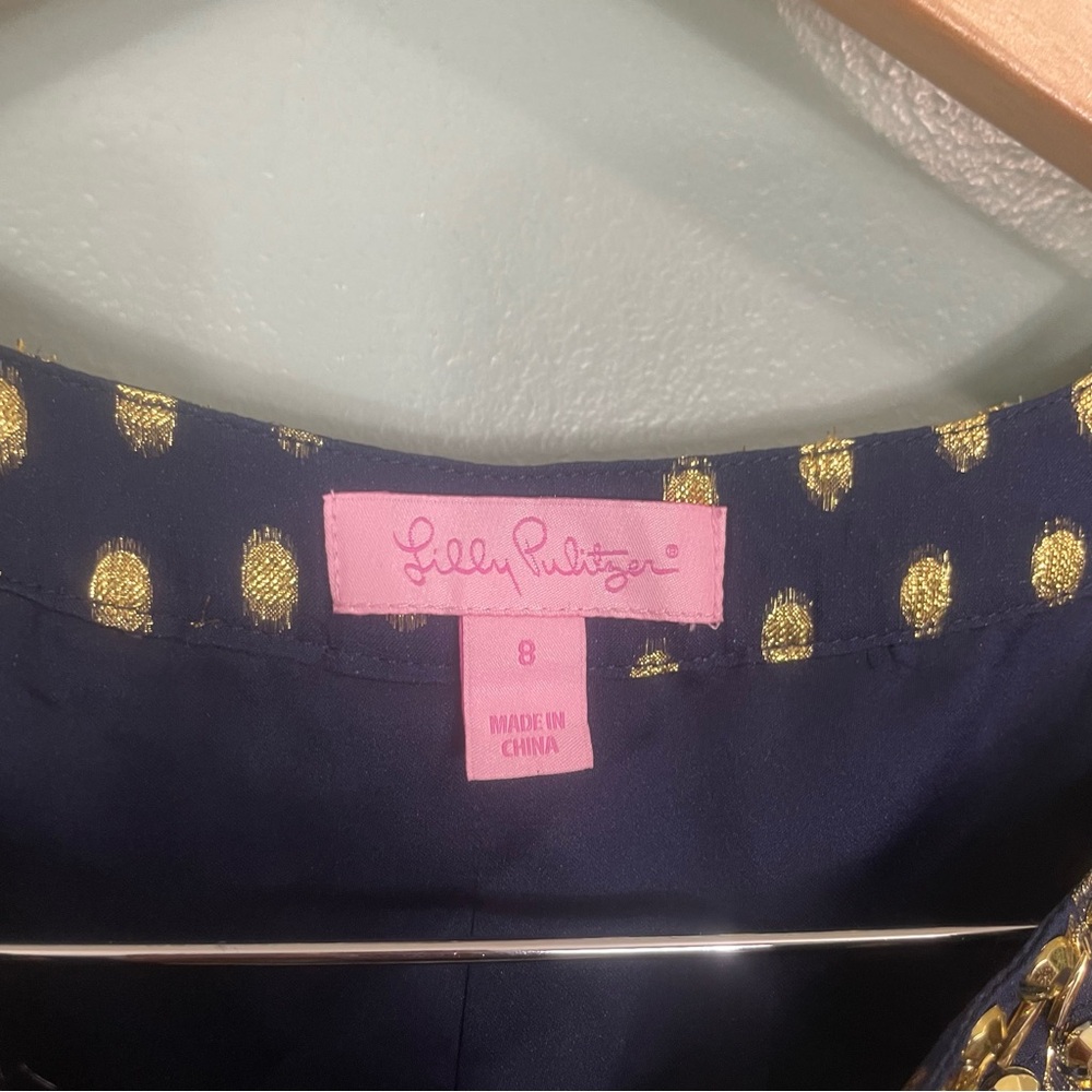 Lilly Pulitzer Crinkle Clip Silk Jacquard Gold Metallic Dress Mini Navy Sz 8 - Picture 7 of 11